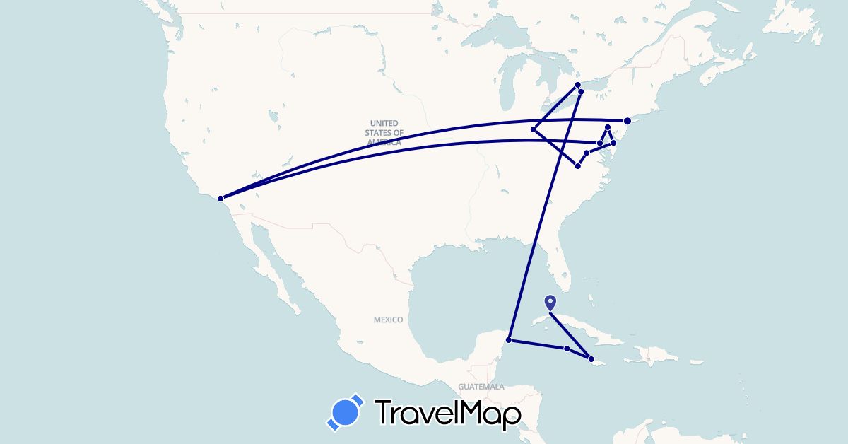 TravelMap itinerary: driving in Canada, Cuba, Jamaica, Cayman Islands, Mexico, United States (North America)